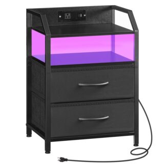 Schwarzer Nachttisch mit Ladestation, Nachttisch mit 1 Wechselstromauslass, 1 USB -Anschluss, Und 1 Typ-C-Port, Nachtständer mit LED Light Strip und 2 Nicht gewebte Schubladen, für Schlafzimmer