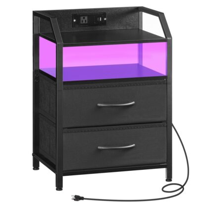 Schwarzer Nachttisch mit Ladestation, Nachttisch mit 1 Wechselstromauslass, 1 USB -Anschluss, Und 1 Typ-C-Port, Nachtständer mit LED Light Strip und 2 Nicht gewebte Schubladen, für Schlafzimmer
