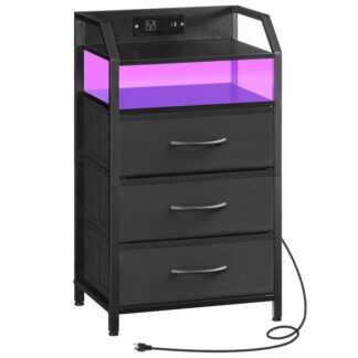 Schwarzer Nachttisch mit Ladestation, Nachttisch mit 1 Wechselstromauslass, 1 USB -Anschluss, Und 1 Typ-C-Port, Nachtständer mit LED Light Strip und 3 Nicht gewebte Schubladen, für Schlafzimmer