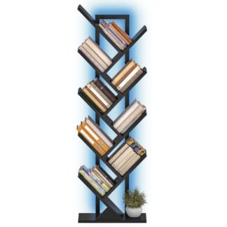 Black Tree Bookshelf, 9-Tier -Bücherregal mit LED -Lichtern, Raumsparendes Buchregal, Hält Bücher, CDs, Spiele, Freistehender Bücherregal für Büro, Wohnzimmer, Schlafzimmer