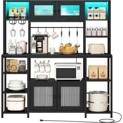 Giá đỡ thợ làm bánh đen với ổ cắm điện và đèn LED, Đế vi sóng công nghiệp, Tủ thanh cà phê với lưu trữ, Người giữ cốc & 6-S móc, Kệ lưu trữ nhà bếp với tủ