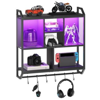 Schwarze Gaming -schwimmende Regale, Wandmontierte hängende Regal mit LED -Leuchten, 4-Tier -Display -Rack für die Wandlagerung, Schwebender Lagerregal mit 6 S-Hooks, für Spielraum