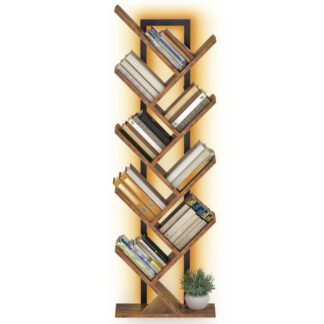Rustikalbraunes Baumbuchhandel, Industrial 9-Tier-Bücherregal mit LED-Lichtern, Raumsparendes Buchregal, Hält Bücher, CDs, Spiele, Freistehender Bücherregal für Büro, Wohnzimmer, Schlafzimmer