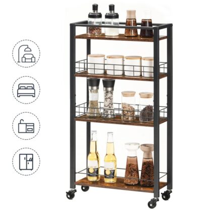 Carrello di stoccaggio della cucina con 4 livelli, Carre da porzione rustico marrone e nero stretto, Scaffi di spezie industriali su ruote, carrello da cucina con cestini, per la cucina, bagno, sala da pranzo, lavanderia