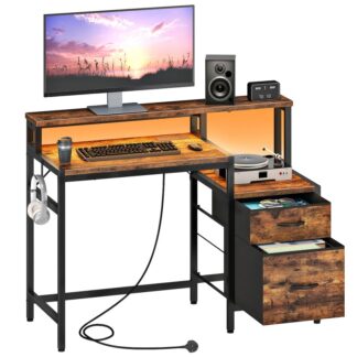 Industrial Computer Desk with Power Outlet, Gaming Desk with LED Lights, Monitor Stand, Office Desk with File Drawers, for Home Office, Study, Living Room