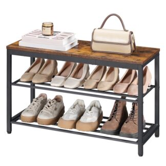 Panca di stoccaggio delle scarpe in stile industriale, Organizzatore rustico in panchina di ingresso marrone e nero, 3-Scarpiera di livello per armadio, Scaffale per scarpe con sedile superiore in legno, Carichi 300 libbre, Salva spazio