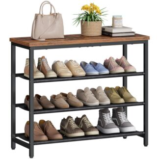 Retro -Schuhregal, Rustikaler brauner und schwarzer 4-stufiger Schuhspeicherorganisator für Kleiderschrank und Eingang, 3 Pu -Regale, Hält 9-12 Paar Schuhe, Stabiler Metallrahmen, Kleine Räume