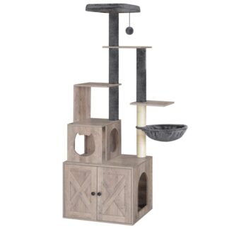 Grauer Katzenbaum mit Katzentoilettengehäuse, Hölzerne multifunktionale Haustiermöbel mit versteckter Katzentoilette, Barsch, Hängematte und Kratzerposten, Katzenturm für Innenkatzen