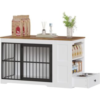 Nội thất thùng gỗ óc chó và chó đen, Chó cũi trong nhà với bát thức ăn ẩn và kệ lưu trữ, Tv Chó Gỗ Đứng cho những con chó nhỏ trung bình, Trắng