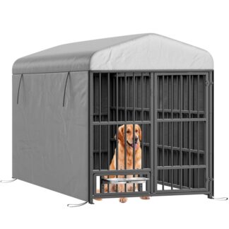 Outdoor Dog Kennel, Large Iron Dog Kennel Outside with Roof and Rotating Feeding Bowls, Heavy-Duty Cage Enclosure with Waterproof Cover, Dog Playpen Fence