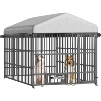 Canile per cani all'aperto, Grande canile di cane metallico all'esterno con tetto e ciotole di alimentazione rotanti, Celato a gabbia per impieghi pesanti con copertura impermeabile, Recinzione per cani