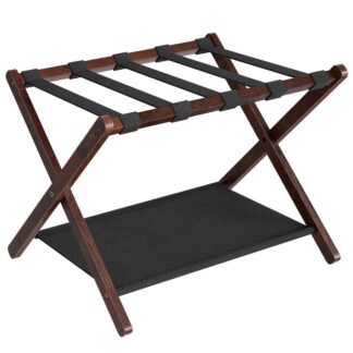 Luggage Rack, Bamboo Suitcase Stand, Portador de equipaje plegable marrón y negro, con correas de nylon y estante de tela de Oxford, for Guest Room, Hotel, Dormitorio
