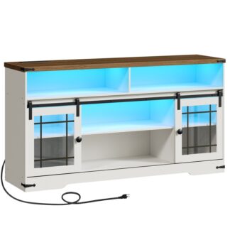Farmhouse -TV -Stand für 70 Zoll Fernseher, Rustikales Unterhaltungszentrum mit Scheunentüren, Weißer Bauernhausfernseher für Wohnzimmer, Medienkonsolen -TV -Schrank mit LED -Lichtern & Power Outlet