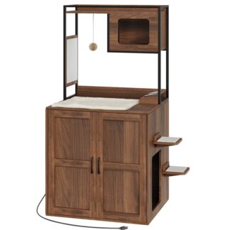 Walnusskatze Roboterbox -Gehäusemöbel, Versteckter automatischer Wurfschrank, Hundessicheres Regal mit Ladestation, Kratzermatte, Schalen, Katzenhaus