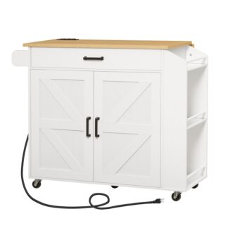 Weiße und natürliche Kücheninsel mit Tropfenblattarbeitsplatte & Power Outlet, Rolling Island Cart auf Rädern, Küchenwagen mit Schublade & Gewürzregal, Mobile Island Tisch für Küche