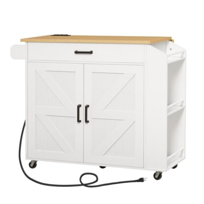 Weiße und natürliche Kücheninsel mit Tropfenblattarbeitsplatte & Power Outlet, Rolling Island Cart auf Rädern, Küchenwagen mit Schublade & Gewürzregal, Mobile Island Tisch für Küche