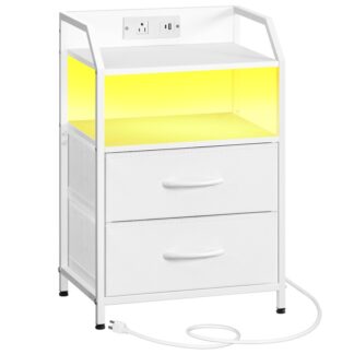 Weißer Nachttisch mit Ladestation, Nachttisch mit 1 Wechselstromauslass, 1 USB -Anschluss, Und 1 Typ-C-Port, Nachtständer mit LED Light Strip und 2 Nicht gewebte Schubladen, für Schlafzimmer