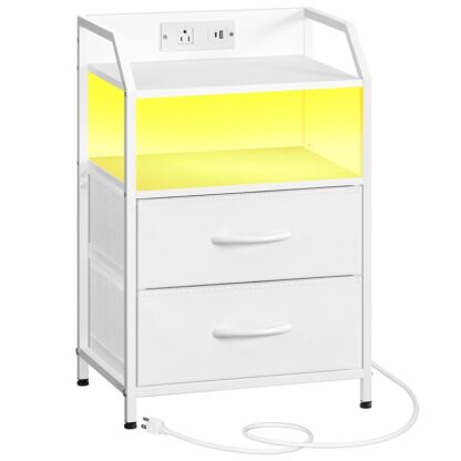 Weißer Nachttisch mit Ladestation, Nachttisch mit 1 Wechselstromauslass, 1 USB -Anschluss, Und 1 Typ-C-Port, Nachtständer mit LED Light Strip und 2 Nicht gewebte Schubladen, für Schlafzimmer