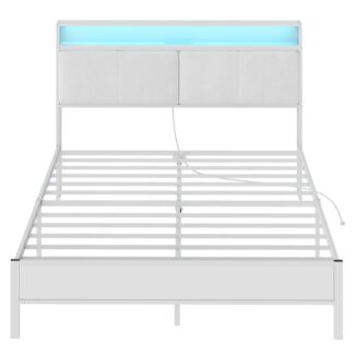 Weißer Bettrahmen, Metallplattform Bettrahmen mit Ladestation und LED -Licht, Kopfteil mit Regalen, Keine Boxquellen benötigt