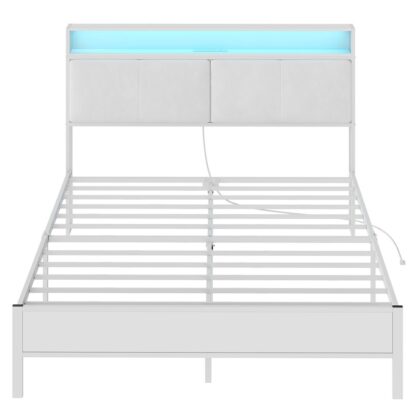 Weißer Bettrahmen, Metallplattform Bettrahmen mit Ladestation und LED -Licht, Kopfteil mit Regalen, Keine Boxquellen benötigt