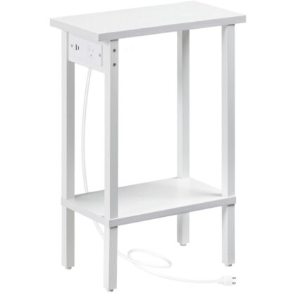 Bàn cuối màu trắng với trạm sạc, 2-Bảng bên hẹp tầng, Bàn cạnh giường mỏng với lưu trữ mở, Nội thất gầy cho phòng khách, Không gian nhỏ, Phòng ngủ