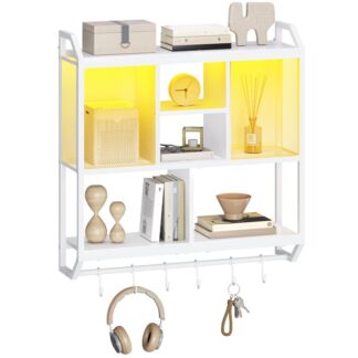 Weiße Spiele schwimmende Regale, Wandmontierte hängende Regal mit LED -Leuchten, 4-Tier -Display -Rack für die Wandlagerung, Schwebender Lagerregal mit 6 S-Hooks, für Spielraum