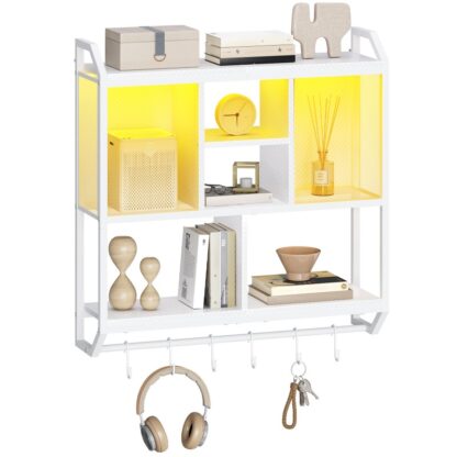 Weiße Spiele schwimmende Regale, Wandmontierte hängende Regal mit LED -Leuchten, 4-Tier -Display -Rack für die Wandlagerung, Schwebender Lagerregal mit 6 S-Hooks, für Spielraum