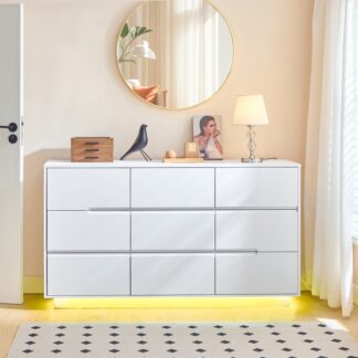 White Dresser for Bedroom, Handless 9 Drawers Dresser, 55'' Modern White Chest of Drawers with Charging Station and LED Light, Dressers Organizer for Bedroom, Living Room, Hallway