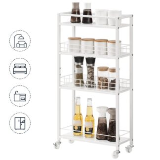 Küchenspeicherwagen mit 4 Ebenen, weißer schmaler Servierwagen, Nischenregal auf Rädern, Küchenwagen mit Körben, für Küche, Badezimmer, Esszimmer, Waschraum