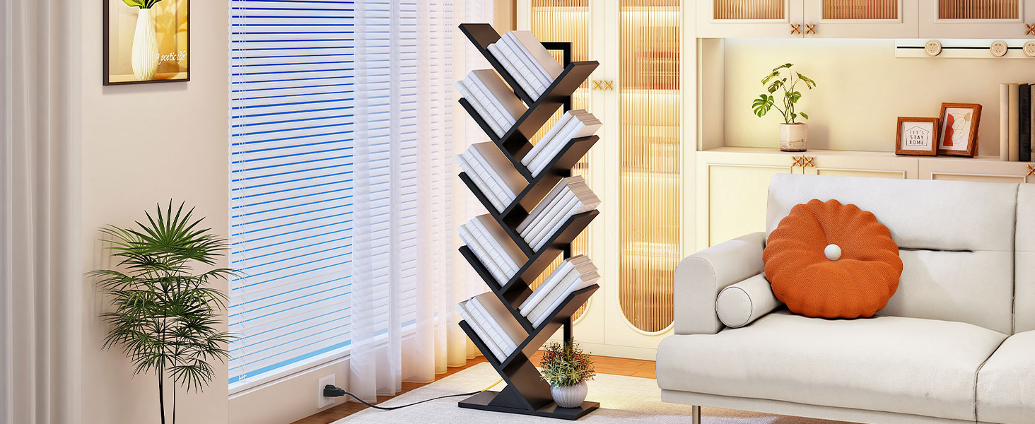 Tree Bookshelf 9-Tier-Baumbuchhandelbuch Baumbuchscheine CD Tower Bookshelf Lampe Baumbuchhandel