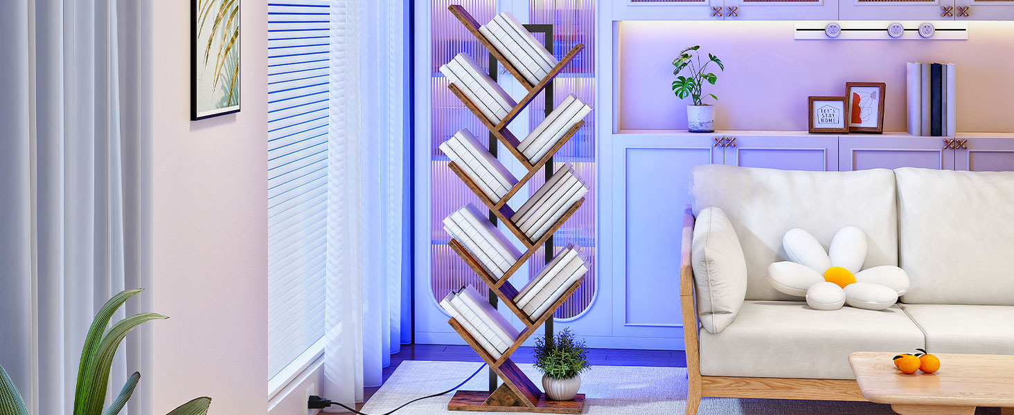 Tree Bookshelf 9-Tier-Baumbuchhandelbuch Baumbuchscheine CD Tower Bookshelf Lampe Baumbuchhandel